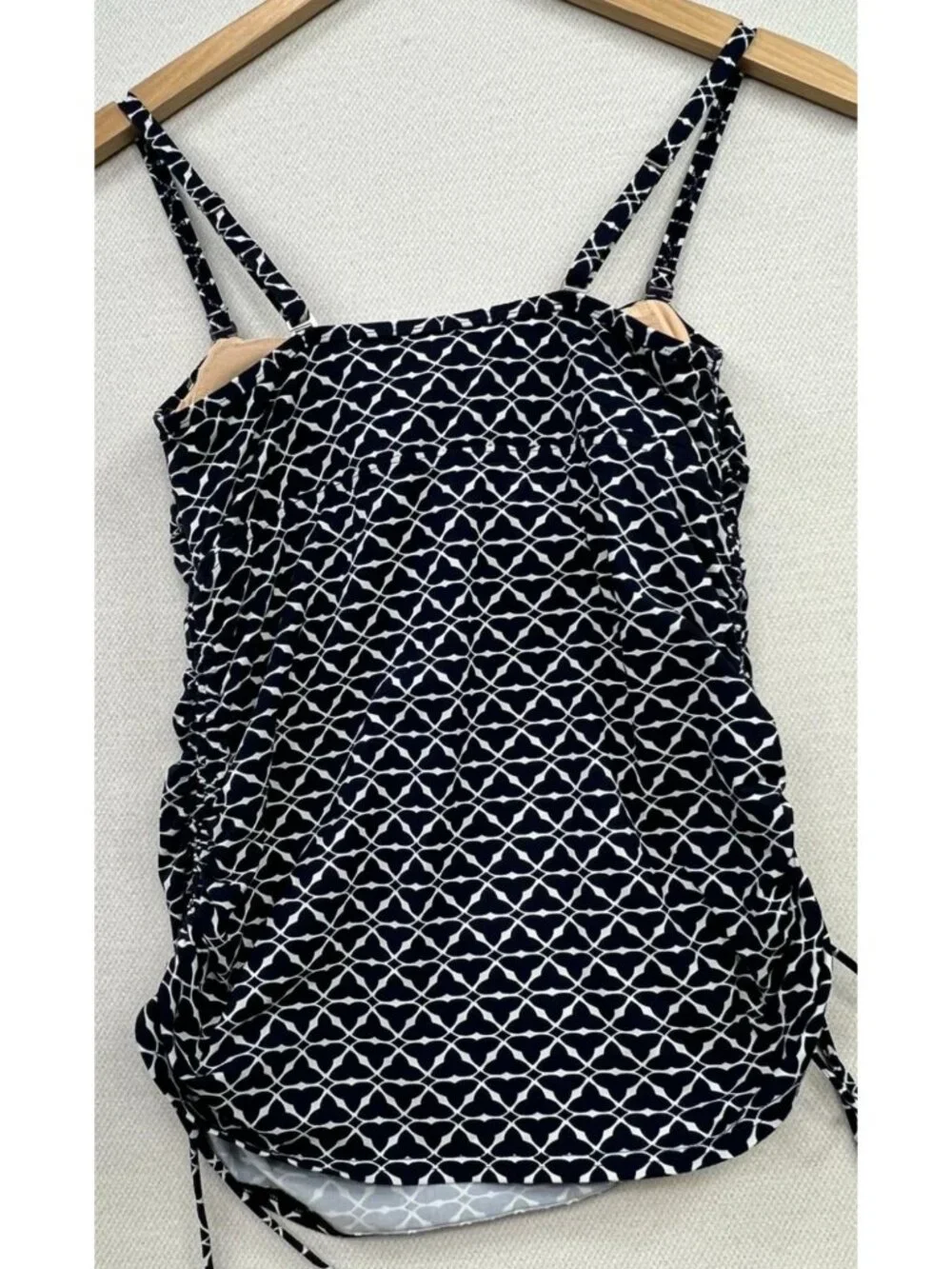 Lands' End Women's Tankini Swim Top Sleeveless Side Ties Size 6P Navy White Geo
